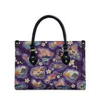 Hawaii Islands Map Design with Japanese Landscape Leather Bag Hawaiian Japan Fusion Art Purple Color