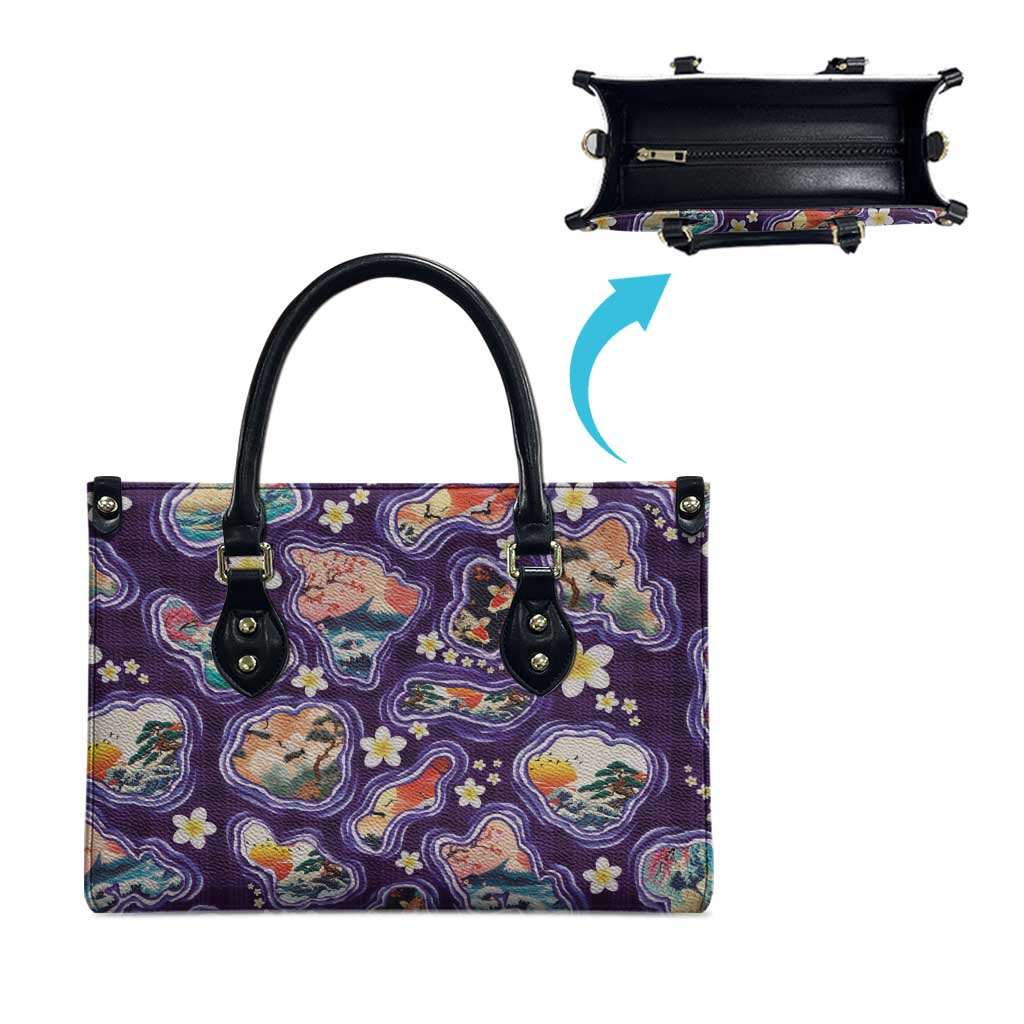 Hawaii Islands Map Design with Japanese Landscape Leather Bag Hawaiian Japan Fusion Art Purple Color
