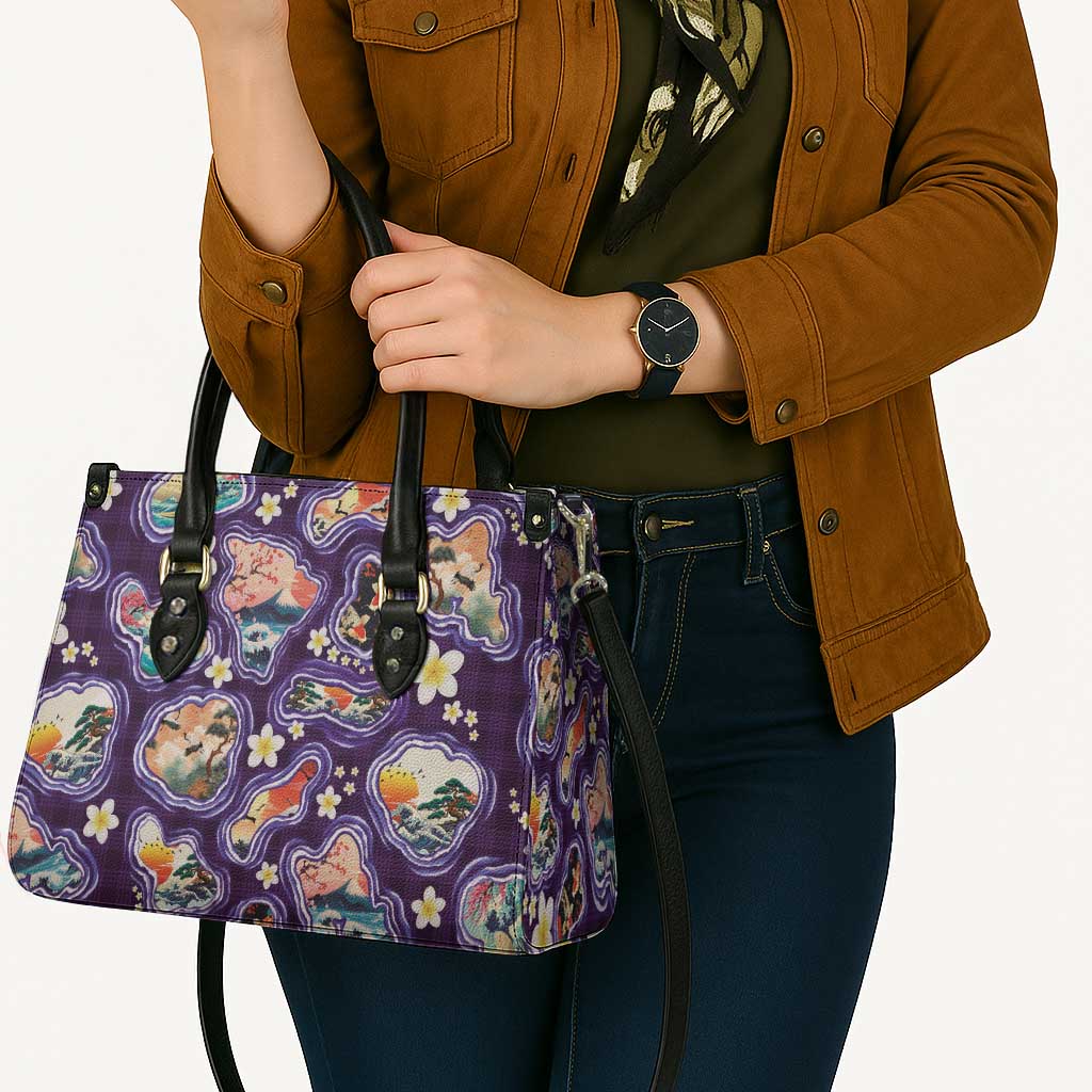 Hawaii Islands Map Design with Japanese Landscape Leather Bag Hawaiian Japan Fusion Art Purple Color