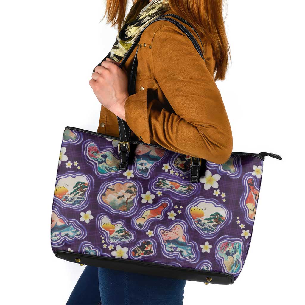 Hawaii Islands Map Design with Japanese Landscape Leather Tote Bag Hawaiian Japan Fusion Art Purple Color LT03 Purple - Polynesian Pride
