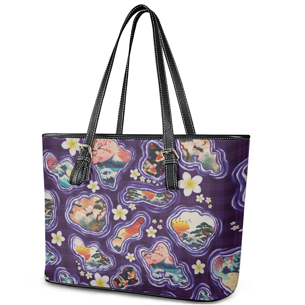 Hawaii Islands Map Design with Japanese Landscape Leather Tote Bag Hawaiian Japan Fusion Art Purple Color LT03 - Polynesian Pride