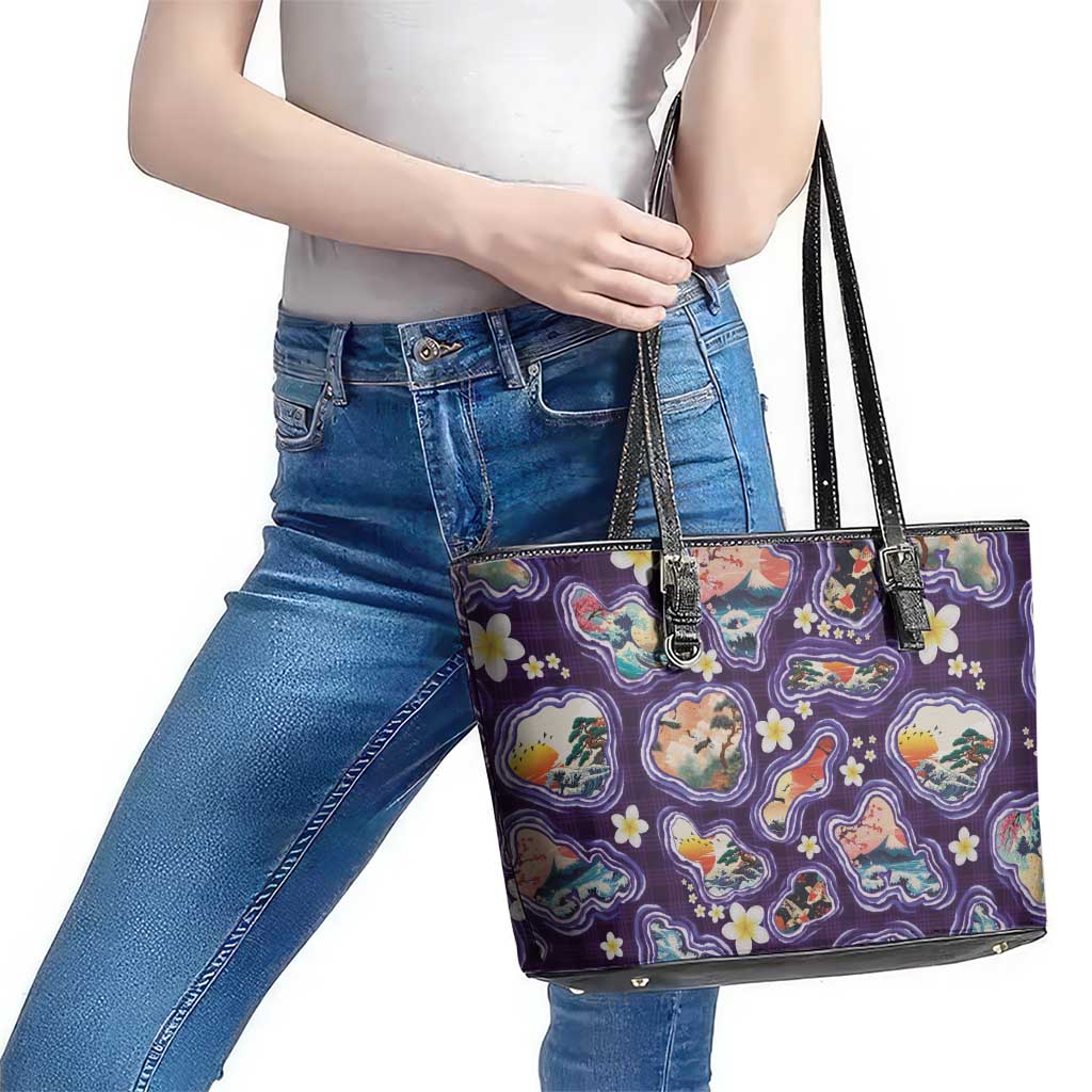 Hawaii Islands Map Design with Japanese Landscape Leather Tote Bag Hawaiian Japan Fusion Art Purple Color LT03 - Polynesian Pride