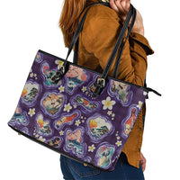 Hawaii Islands Map Design with Japanese Landscape Leather Tote Bag Hawaiian Japan Fusion Art Purple Color LT03 - Polynesian Pride