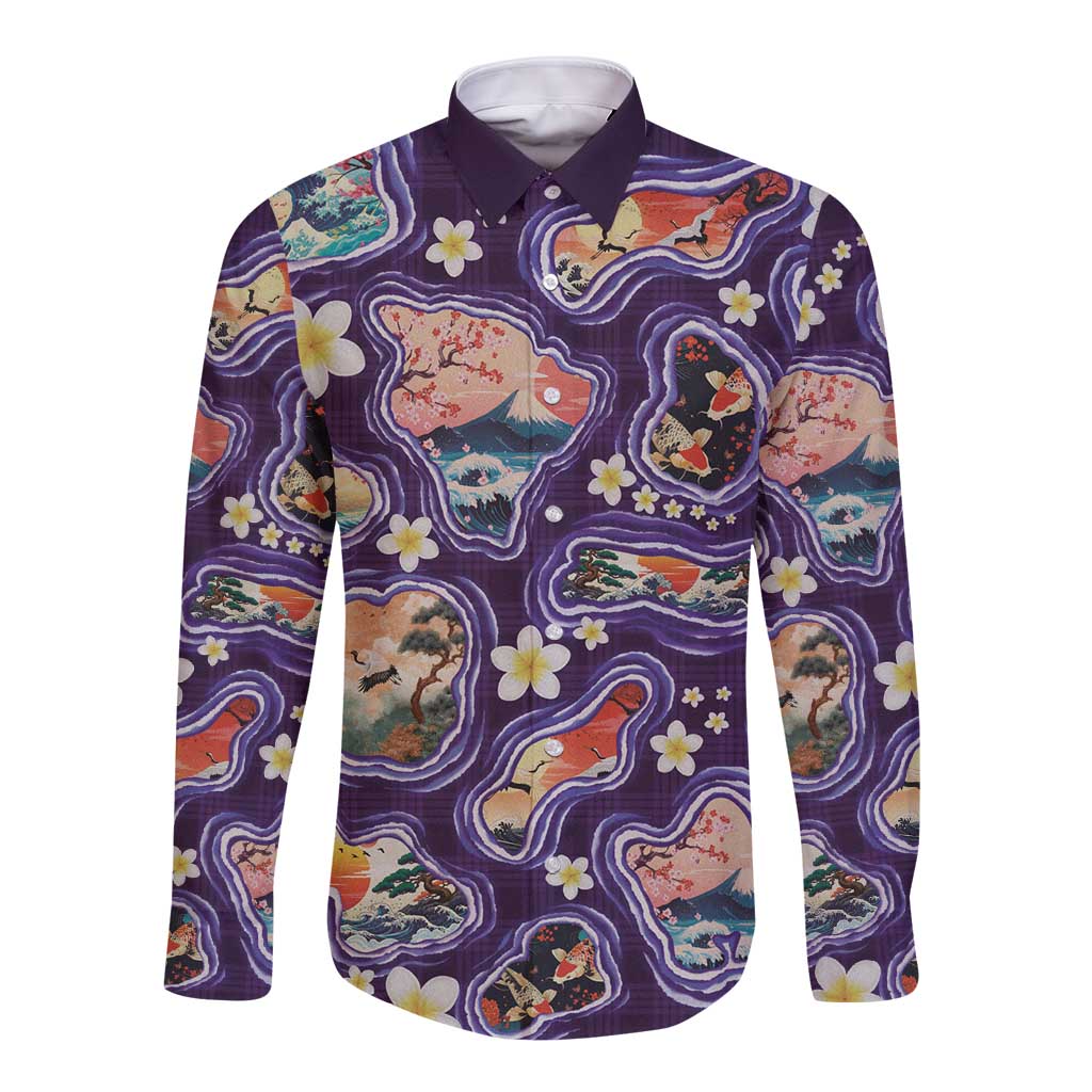 Hawaii Islands Map Design with Japanese Landscape Long Sleeve Button Shirt Hawaiian Japan Fusion Art Purple Color