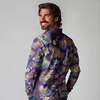 Hawaii Islands Map Design with Japanese Landscape Long Sleeve Polo Shirt Hawaiian Japan Fusion Art Purple Color LT03 - Polynesian Pride