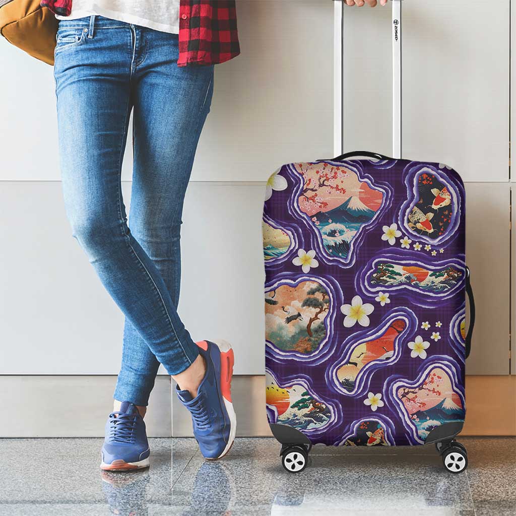 Hawaii Islands Map Design with Japanese Landscape Luggage Cover Hawaiian Japan Fusion Art Purple Color LT03 - Polynesian Pride