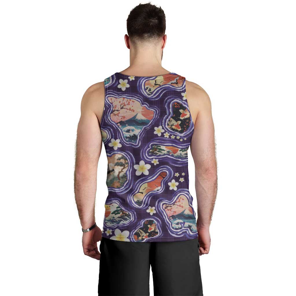 Hawaii Islands Map Design with Japanese Landscape Men Tank Top Hawaiian Japan Fusion Art Purple Color LT03 - Polynesian Pride