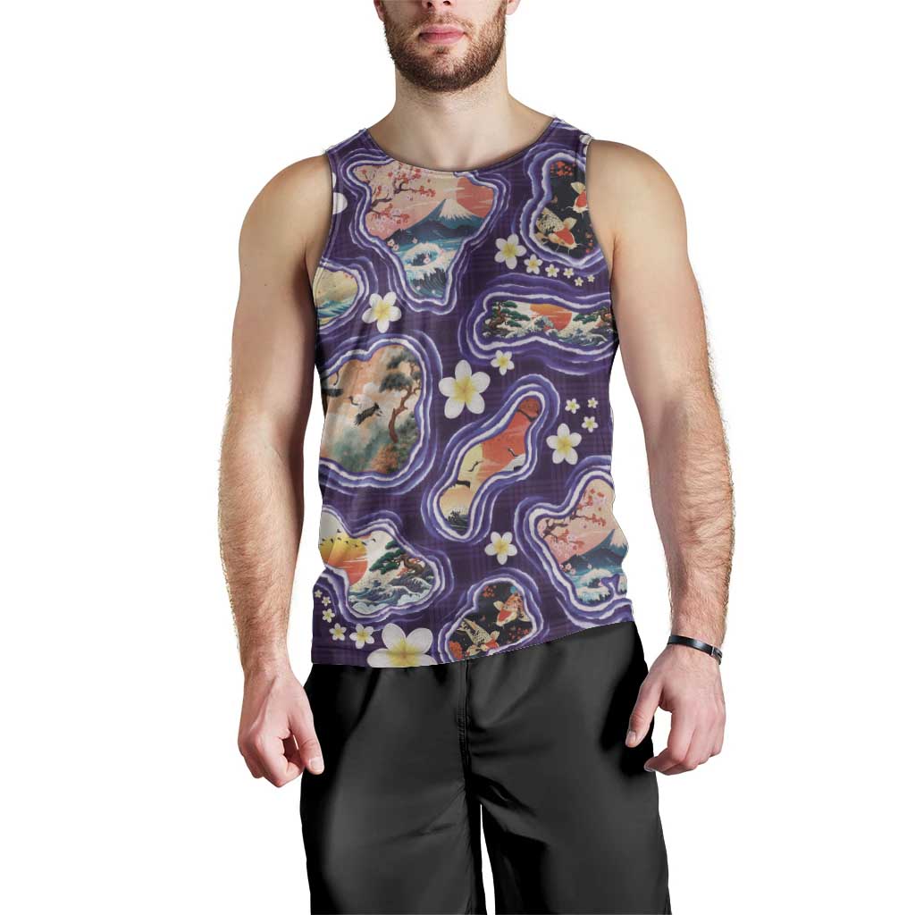 Hawaii Islands Map Design with Japanese Landscape Men Tank Top Hawaiian Japan Fusion Art Purple Color LT03 - Polynesian Pride