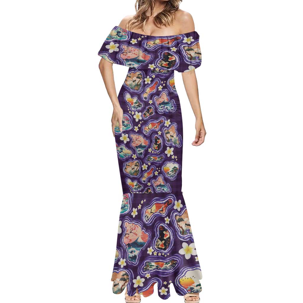 Hawaii Islands Map Design with Japanese Landscape Mermaid Dress Hawaiian Japan Fusion Art Purple Color LT03 - Polynesian Pride