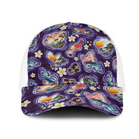 Hawaii Islands Map Design with Japanese Landscape Mesh Trucker Cap Hawaiian Japan Fusion Art Purple Color