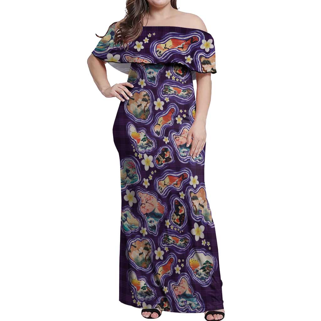 Hawaii Islands Map Design with Japanese Landscape Off Shoulder Maxi Dress Hawaiian Japan Fusion Art Purple Color LT03 Women Purple - Polynesian Pride