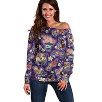 Hawaii Islands Map Design with Japanese Landscape Off Shoulder Sweater Hawaiian Japan Fusion Art Purple Color