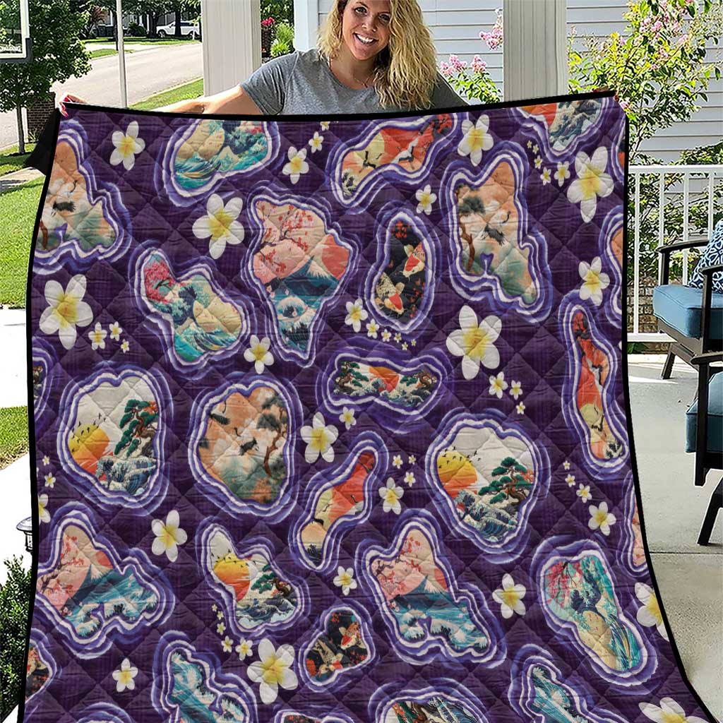 Hawaii Islands Map Design with Japanese Landscape Quilt Hawaiian Japan Fusion Art Purple Color