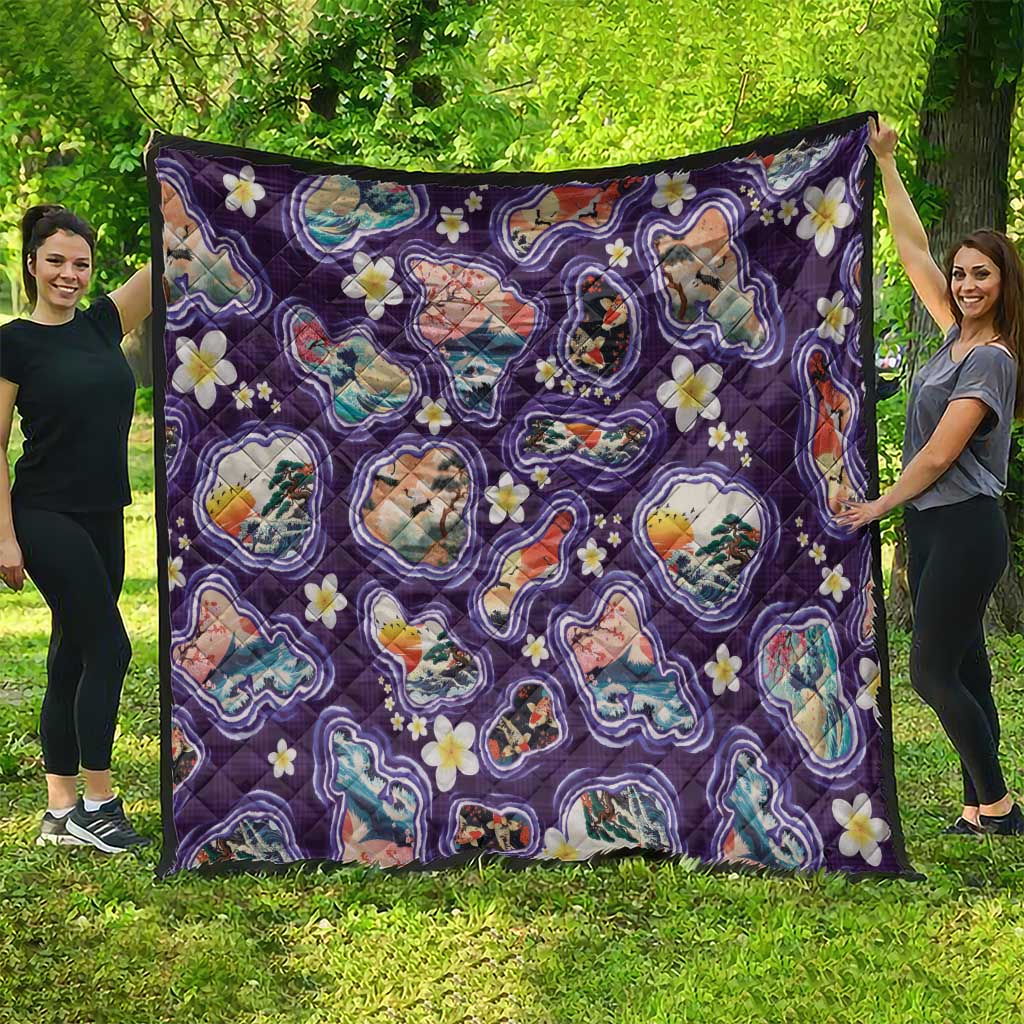 Hawaii Islands Map Design with Japanese Landscape Quilt Hawaiian Japan Fusion Art Purple Color