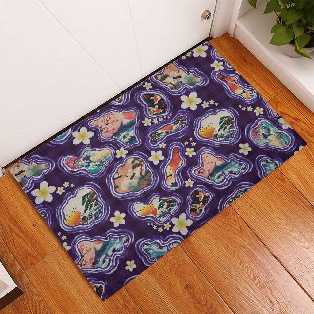 Hawaii Islands Map Design with Japanese Landscape Rubber Doormat Hawaiian Japan Fusion Art Purple Color