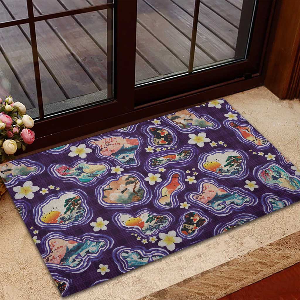 Hawaii Islands Map Design with Japanese Landscape Rubber Doormat Hawaiian Japan Fusion Art Purple Color