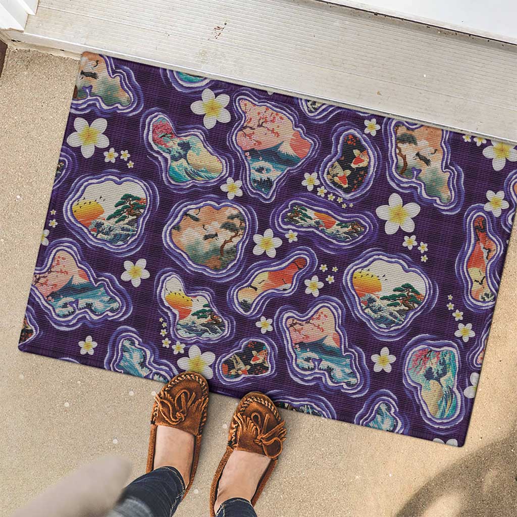 Hawaii Islands Map Design with Japanese Landscape Rubber Doormat Hawaiian Japan Fusion Art Purple Color