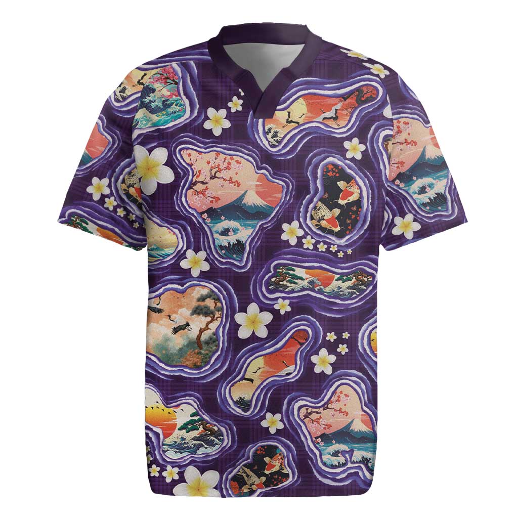 Hawaii Islands Map Design with Japanese Landscape Rugby Jersey Hawaiian Japan Fusion Art Purple Color