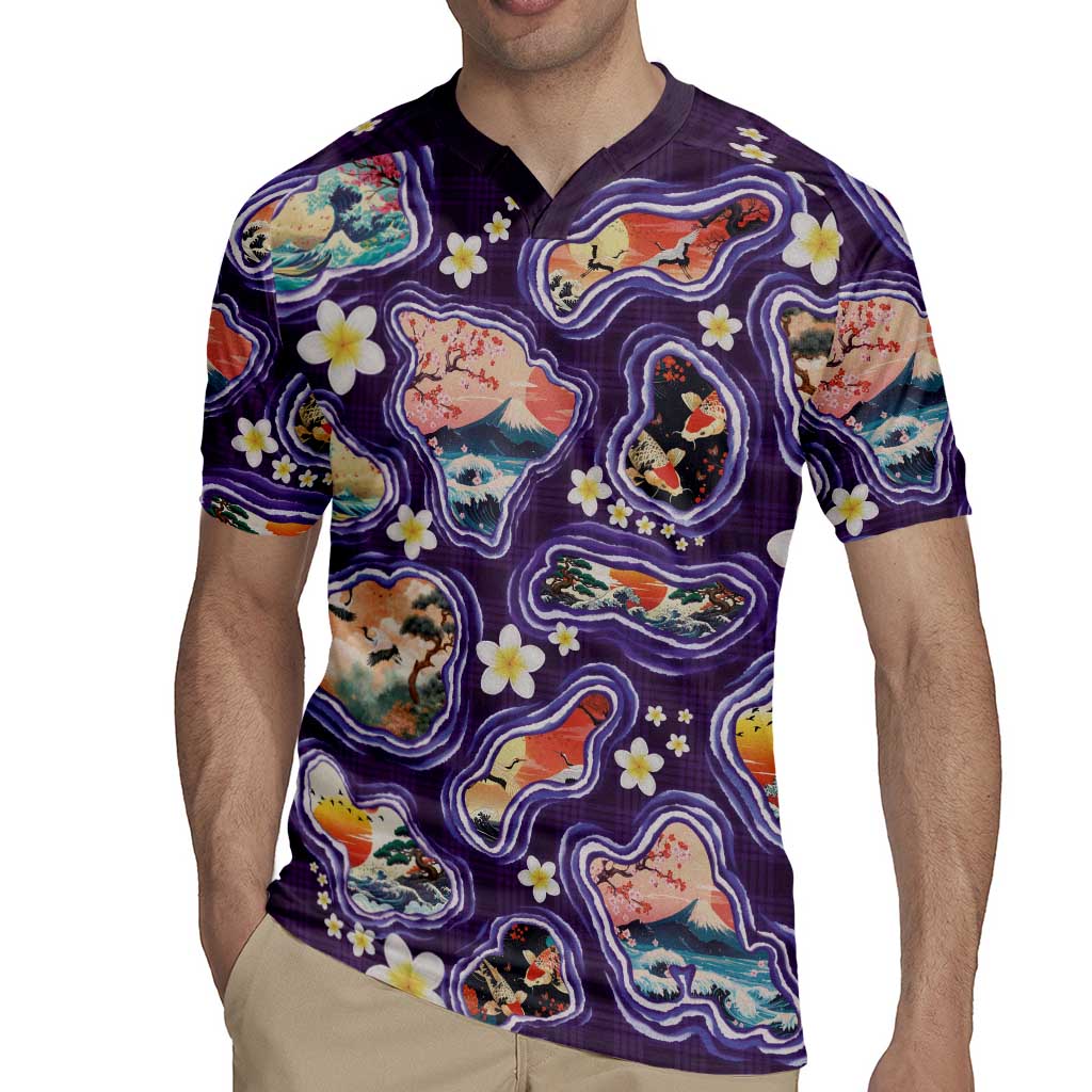Hawaii Islands Map Design with Japanese Landscape Rugby Jersey Hawaiian Japan Fusion Art Purple Color