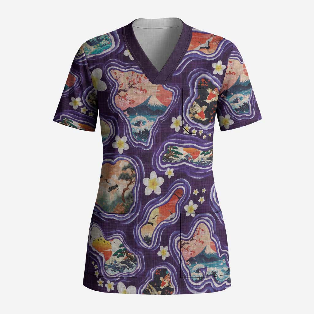 Hawaii Islands Map Design with Japanese Landscape Scrub Top Hawaiian Japan Fusion Art Purple Color