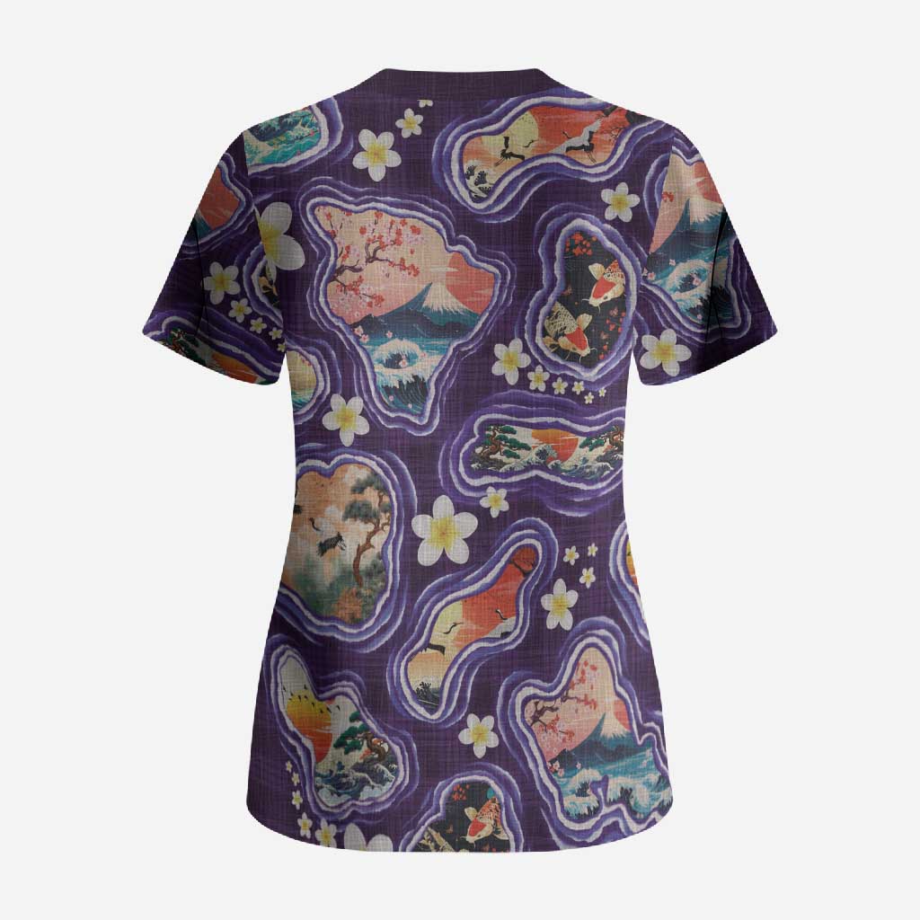 Hawaii Islands Map Design with Japanese Landscape Scrub Top Hawaiian Japan Fusion Art Purple Color