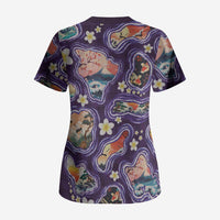 Hawaii Islands Map Design with Japanese Landscape Scrub Top Hawaiian Japan Fusion Art Purple Color