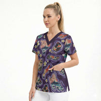 Hawaii Islands Map Design with Japanese Landscape Scrub Top Hawaiian Japan Fusion Art Purple Color