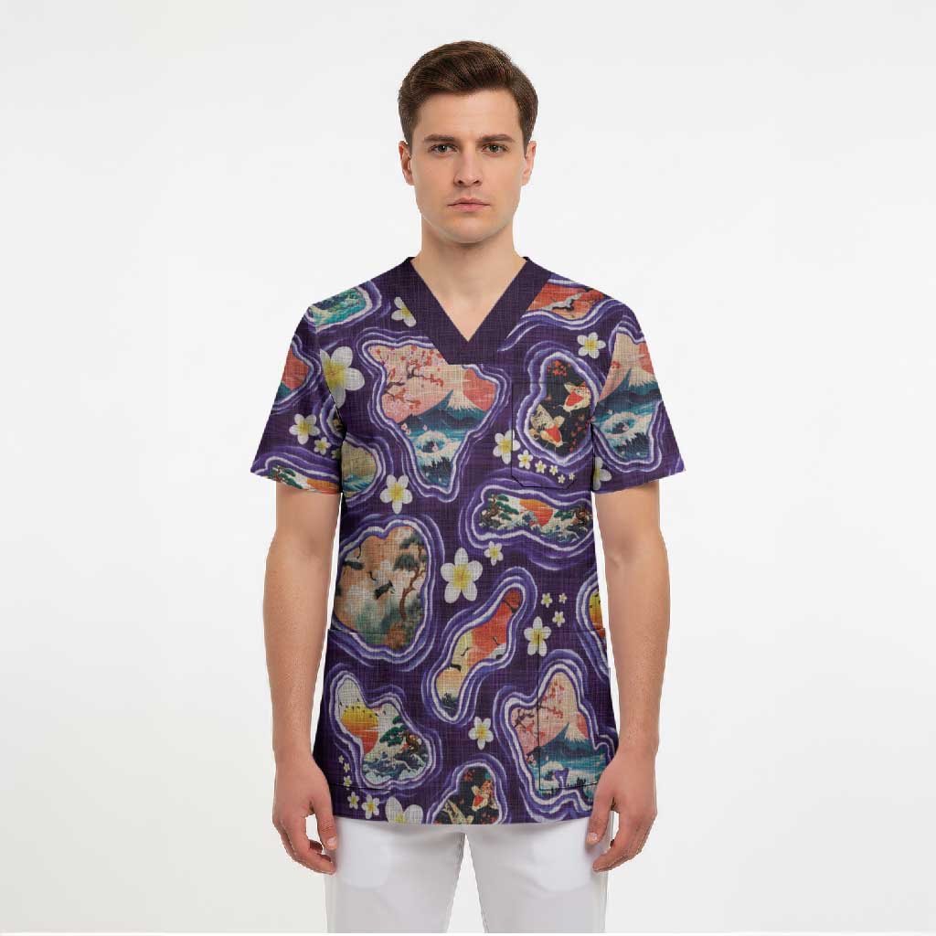 Hawaii Islands Map Design with Japanese Landscape Scrub Top Hawaiian Japan Fusion Art Purple Color