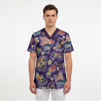 Hawaii Islands Map Design with Japanese Landscape Scrub Top Hawaiian Japan Fusion Art Purple Color