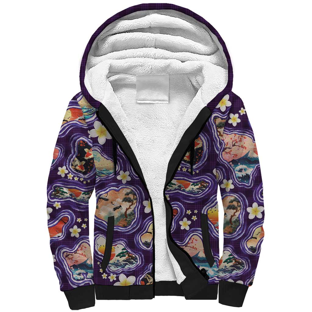 Hawaii Islands Map Design with Japanese Landscape Sherpa Hoodie Hawaiian Japan Fusion Art Purple Color LT03 Unisex Purple - Polynesian Pride