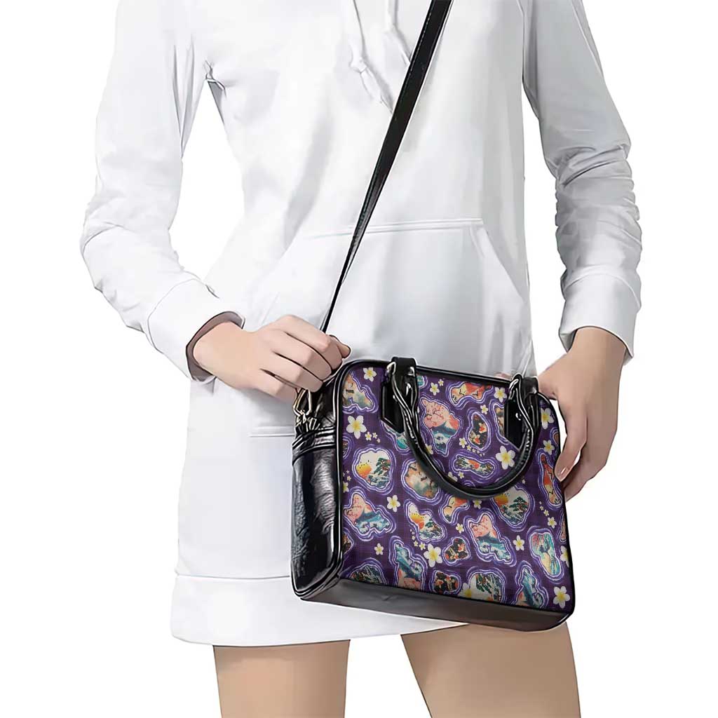 Hawaii Islands Map Design with Japanese Landscape Shoulder Handbag Hawaiian Japan Fusion Art Purple Color