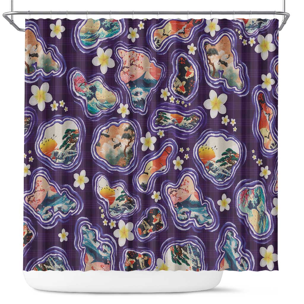 Hawaii Islands Map Design with Japanese Landscape Shower Curtain Hawaiian Japan Fusion Art Purple Color LT03 Purple - Polynesian Pride