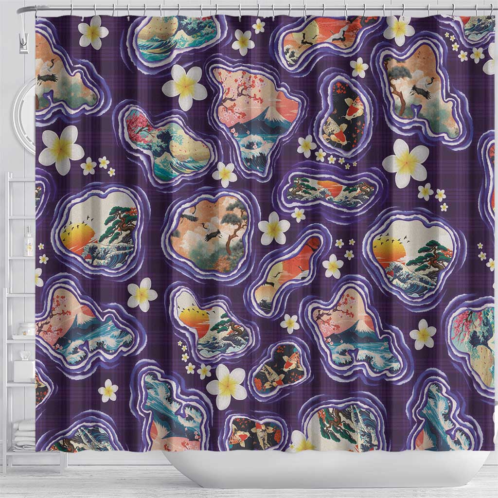 Hawaii Islands Map Design with Japanese Landscape Shower Curtain Hawaiian Japan Fusion Art Purple Color LT03 - Polynesian Pride