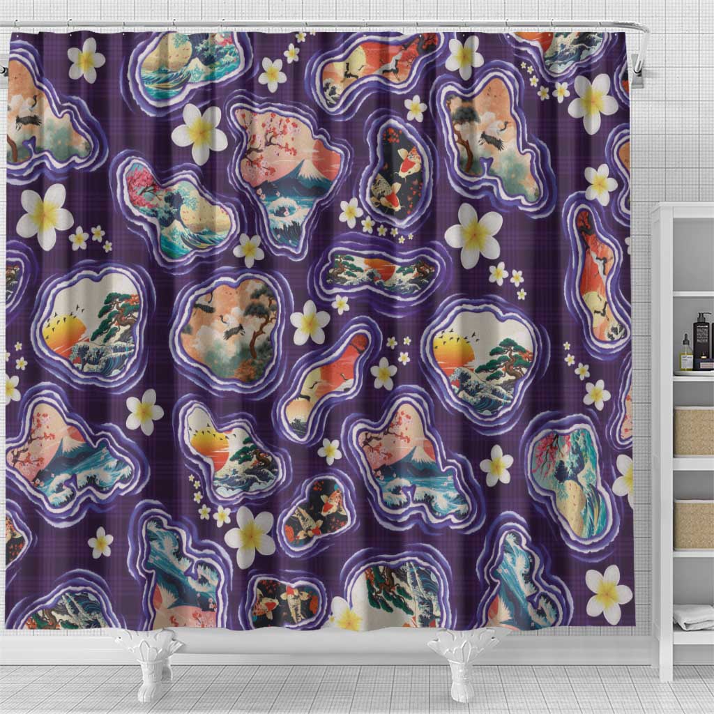 Hawaii Islands Map Design with Japanese Landscape Shower Curtain Hawaiian Japan Fusion Art Purple Color LT03 - Polynesian Pride