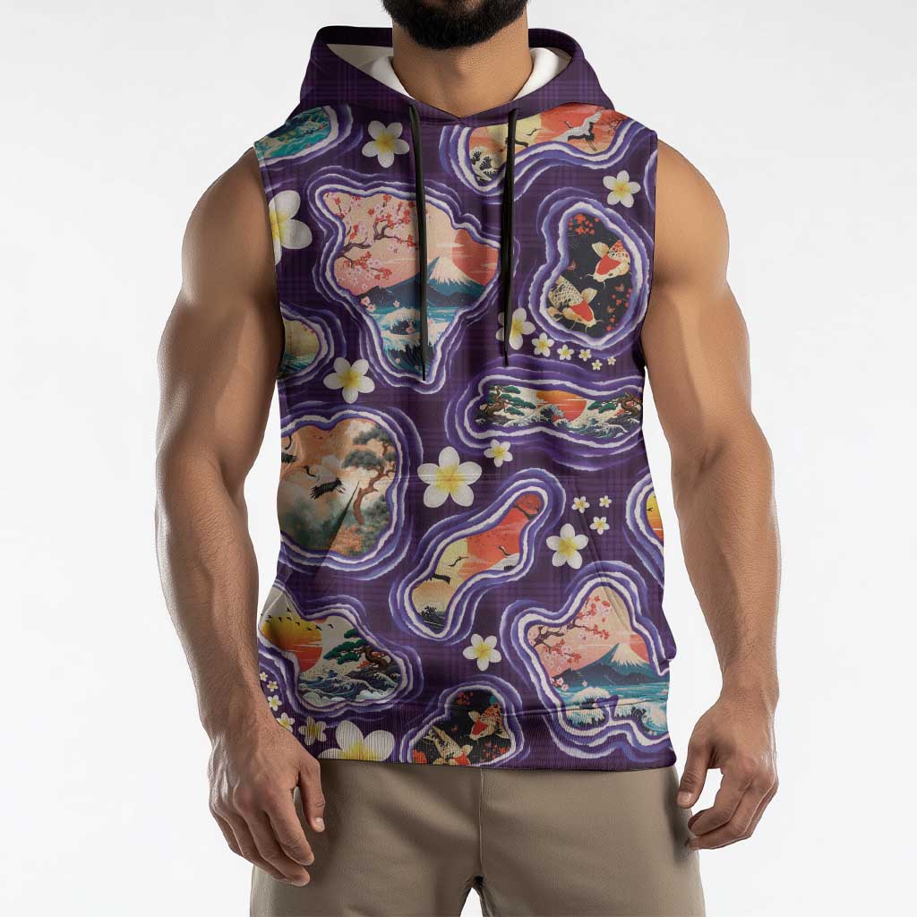Hawaii Islands Map Design with Japanese Landscape Sleeveless Hoodie Hawaiian Japan Fusion Art Purple Color LT03 - Polynesian Pride