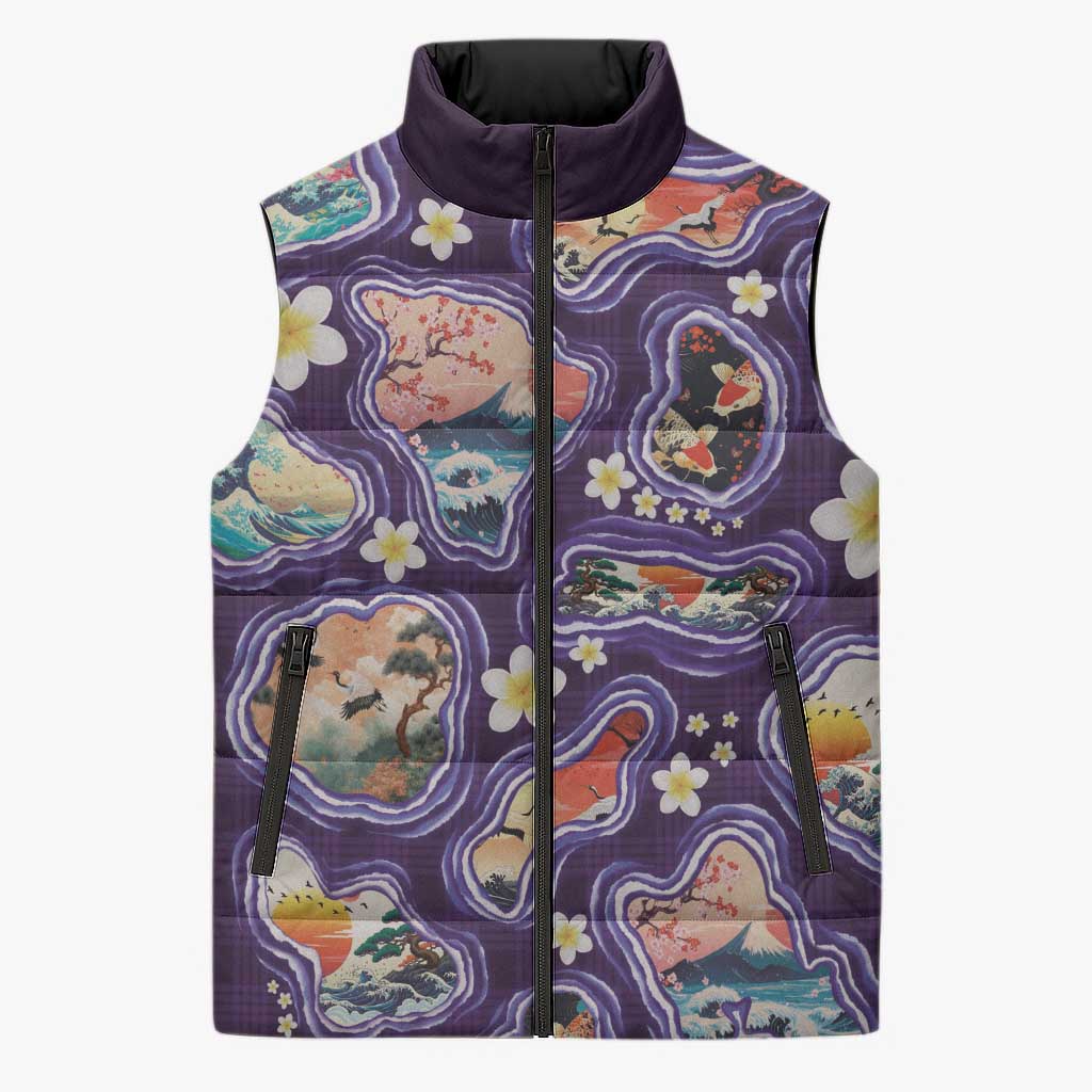 Hawaii Islands Map Design with Japanese Landscape Sleeveless Puffer Jacket Hawaiian Japan Fusion Art Purple Color