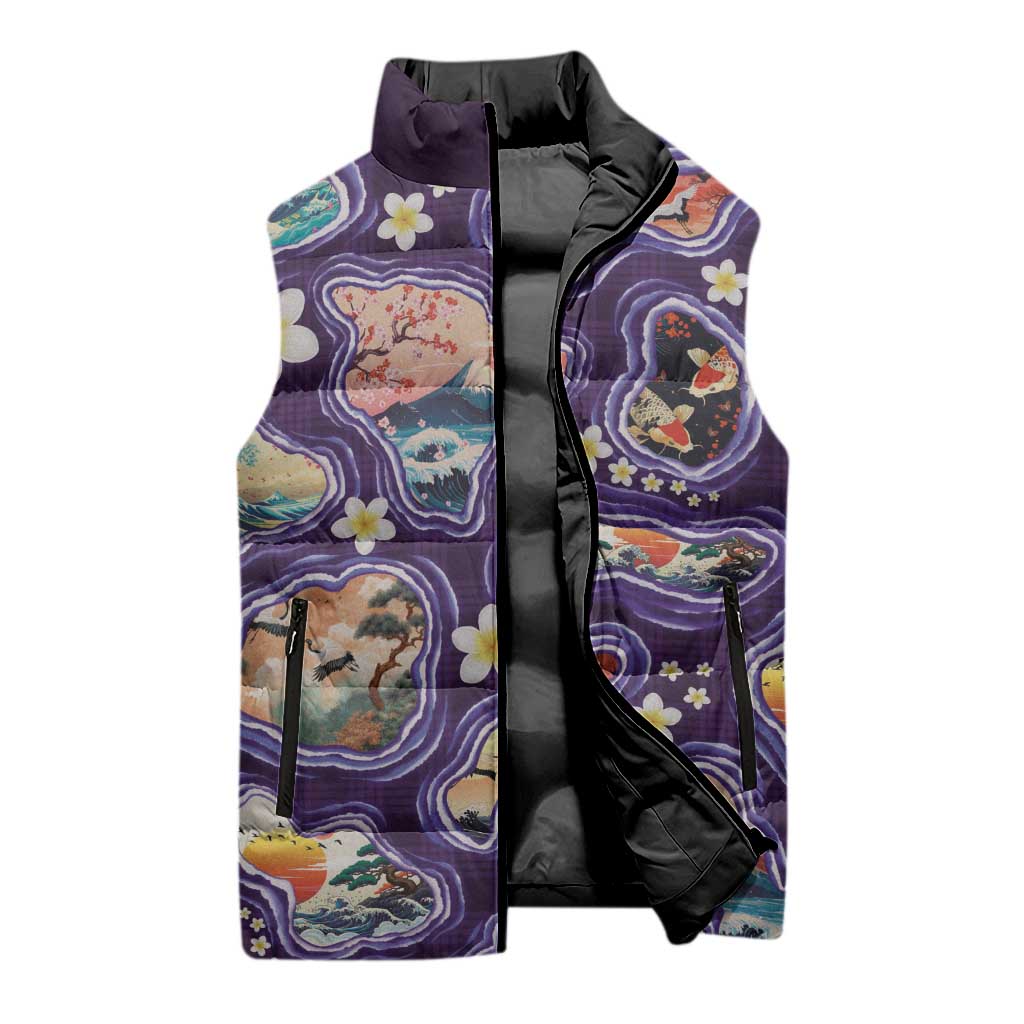 Hawaii Islands Map Design with Japanese Landscape Sleeveless Puffer Jacket Hawaiian Japan Fusion Art Purple Color
