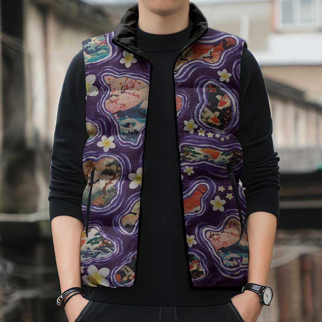 Hawaii Islands Map Design with Japanese Landscape Sleeveless Puffer Jacket Hawaiian Japan Fusion Art Purple Color