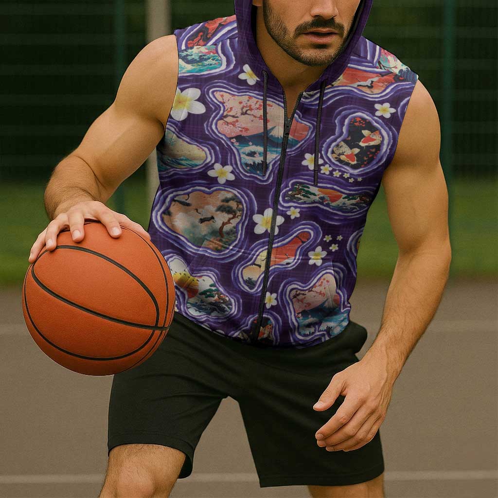 Hawaii Islands Map Design with Japanese Landscape Sleeveless Zip Hoodie Hawaiian Japan Fusion Art Purple Color LT03 - Polynesian Pride