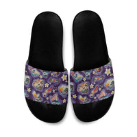Hawaii Islands Map Design with Japanese Landscape Slide Sandals Hawaiian Japan Fusion Art Purple Color