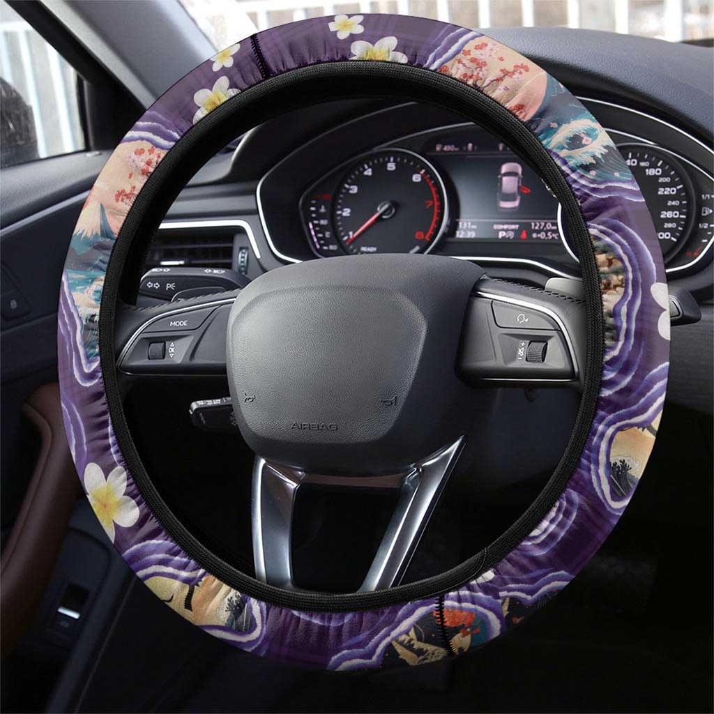 Hawaii Islands Map Design with Japanese Landscape Steering Wheel Cover Hawaiian Japan Fusion Art Purple Color LT03 - Polynesian Pride