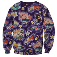 Hawaii Islands Map Design with Japanese Landscape Sweatshirt Hawaiian Japan Fusion Art Purple Color