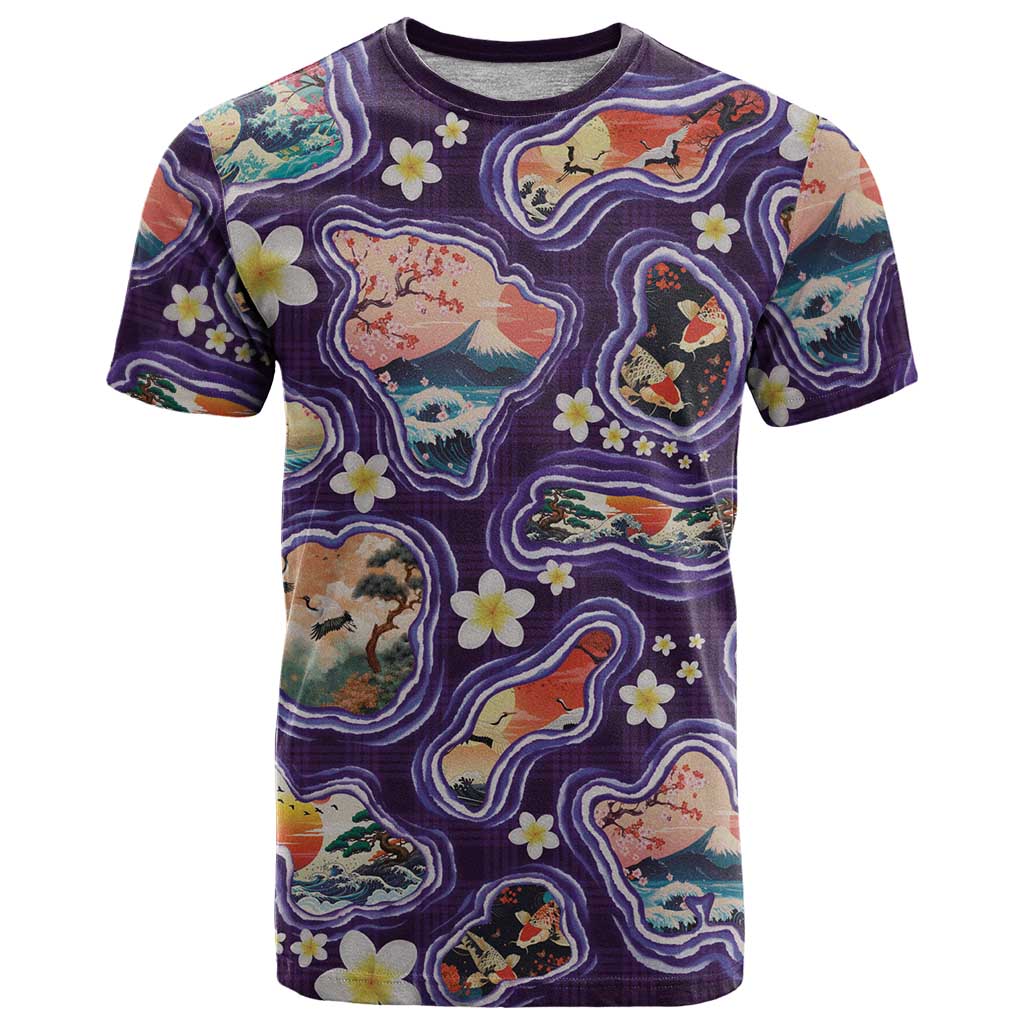 Hawaii Islands Map Design with Japanese Landscape T Shirt Hawaiian Japan Fusion Art Purple Color