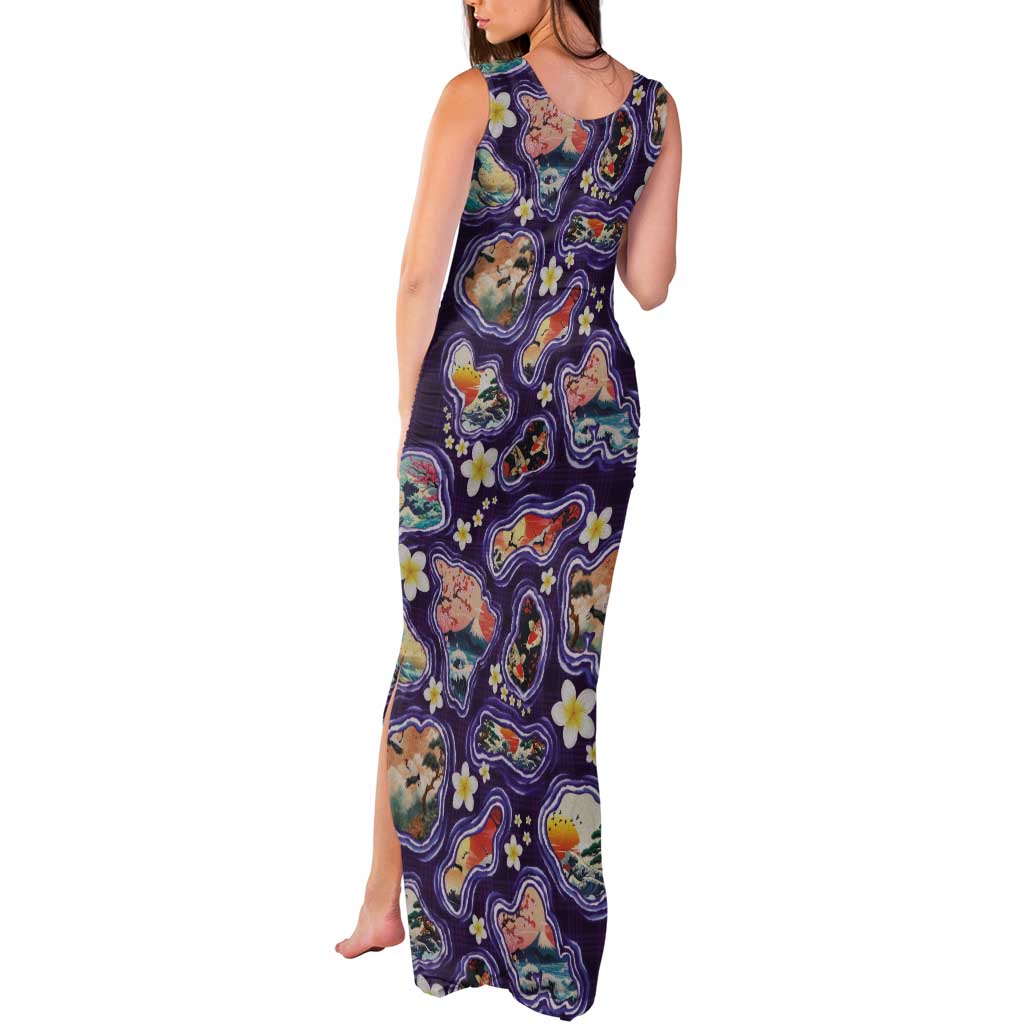 Hawaii Islands Map Design with Japanese Landscape Tank Maxi Dress Hawaiian Japan Fusion Art Purple Color LT03 - Polynesian Pride
