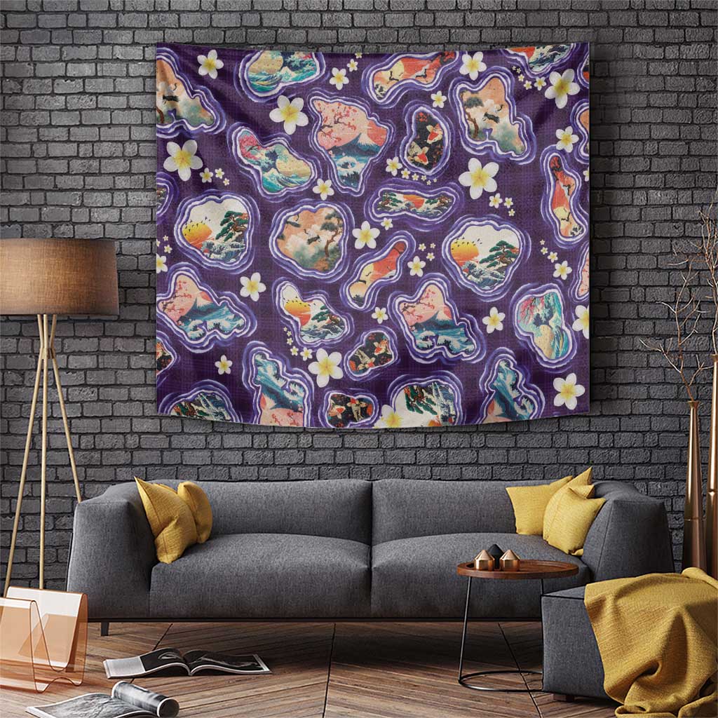 Hawaii Islands Map Design with Japanese Landscape Tapestry Hawaiian Japan Fusion Art Purple Color