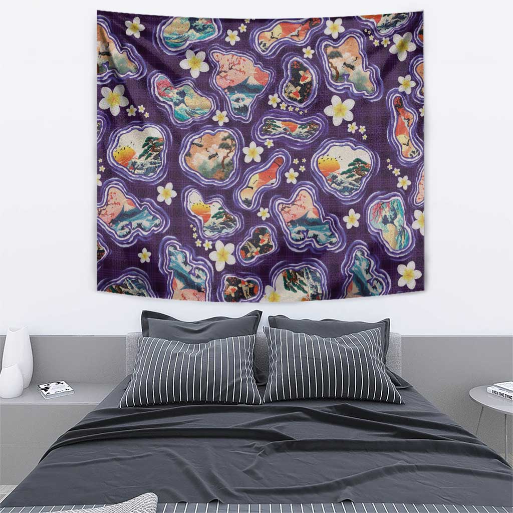 Hawaii Islands Map Design with Japanese Landscape Tapestry Hawaiian Japan Fusion Art Purple Color