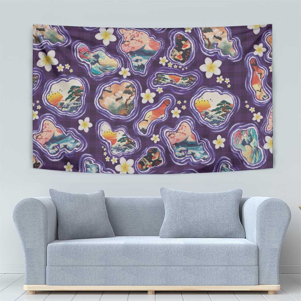 Hawaii Islands Map Design with Japanese Landscape Tapestry Hawaiian Japan Fusion Art Purple Color