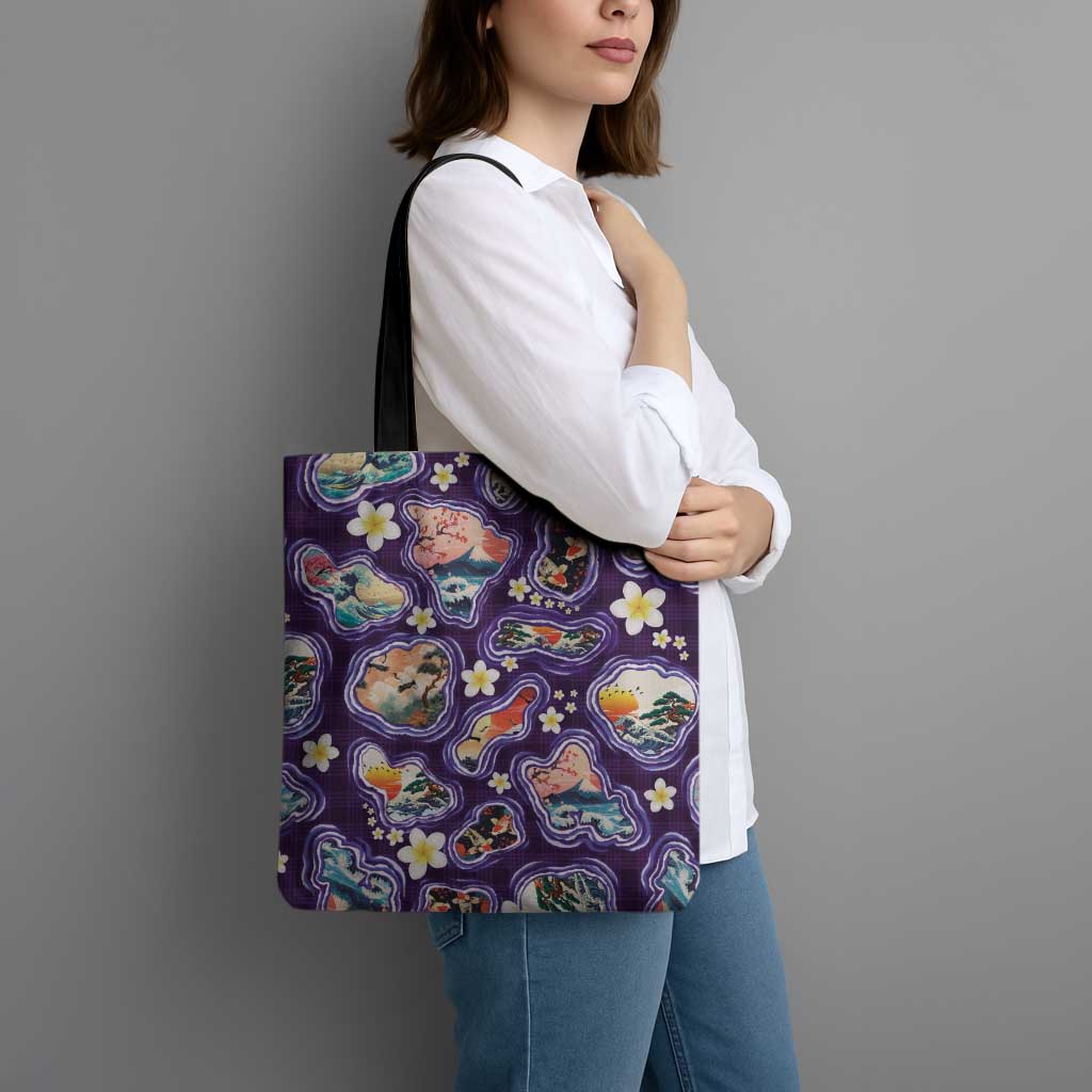 Hawaii Islands Map Design with Japanese Landscape Tote Bag Hawaiian Japan Fusion Art Purple Color LT03 - Polynesian Pride