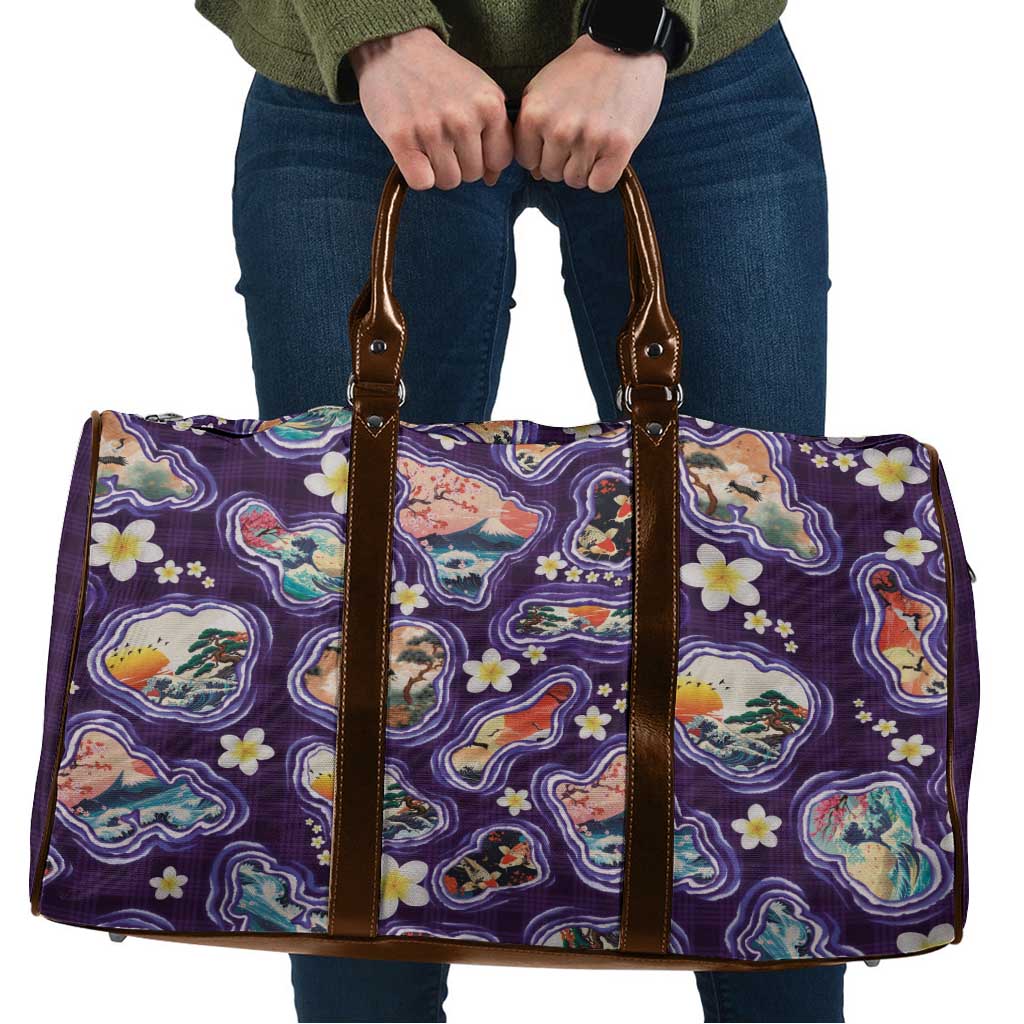 Hawaii Islands Map Design with Japanese Landscape Travel Bag Hawaiian Japan Fusion Art Purple Color