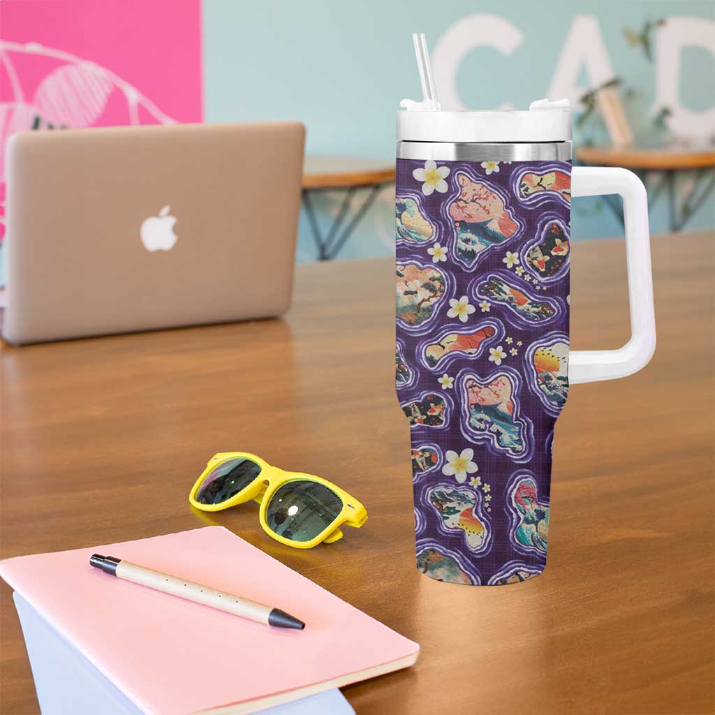 Hawaii Islands Map Design with Japanese Landscape Tumbler With Handle Hawaiian Japan Fusion Art Purple Color LT03 - Polynesian Pride